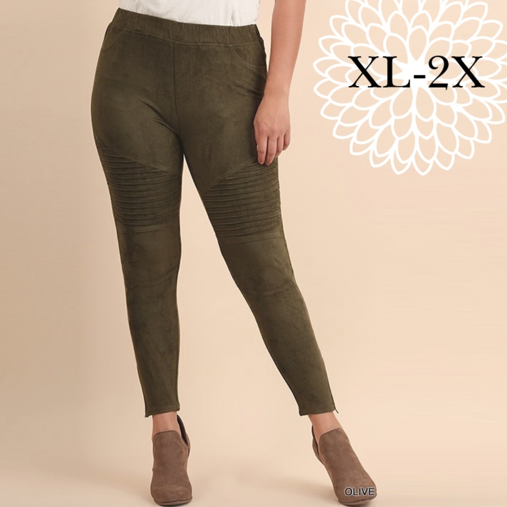 Umgee Olive Suede Moto Jeggings with Ankle Zippers
